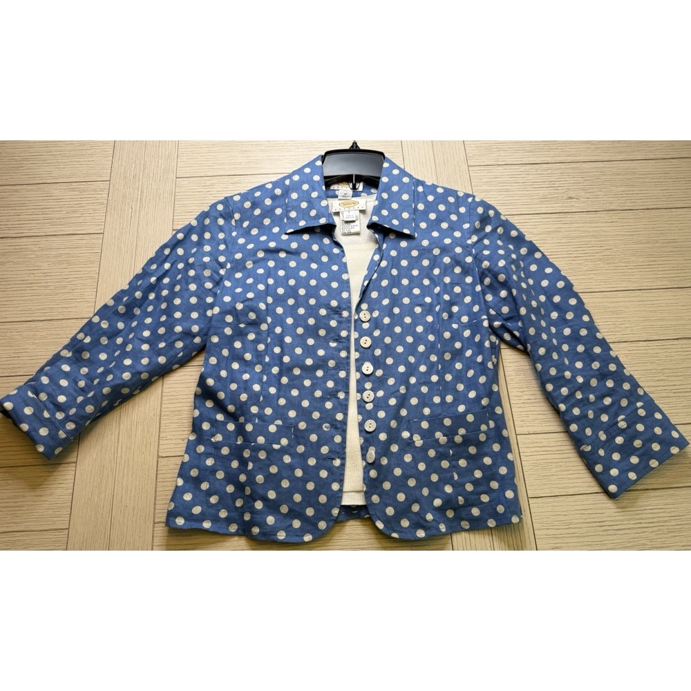 Talbots VTG Blue Polka Dot Linen Button Up‎ Shacket Jacket Lightweight 4 Petite